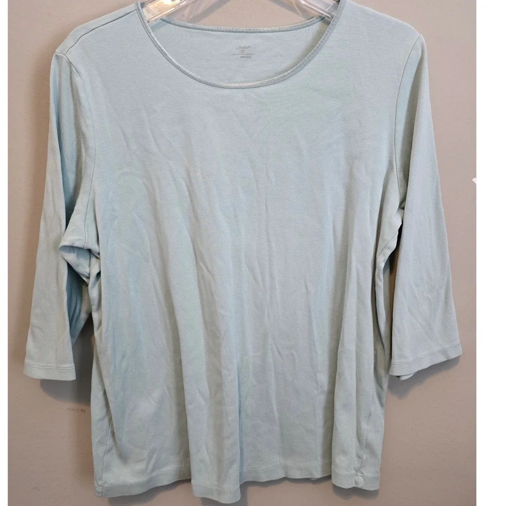 CJ Banks Women 1X Light Blue 100% Cotton 3/4 Sleeve Scoop Neck T-Shirt Top Beach